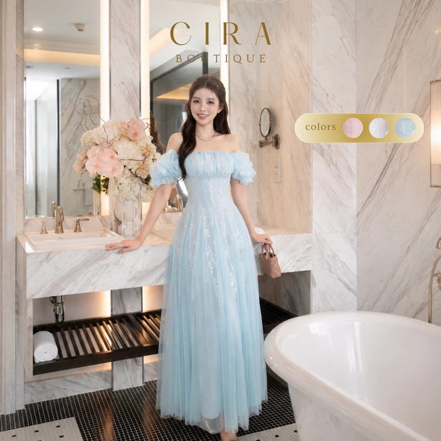 Cira Boutique Đầm Trễ Vai Ren Hoa Phối Lưới Tay Bèo Phồng - Váy Nữ Đi Tiệc Sự Kiện Chụp Ảnh D1758