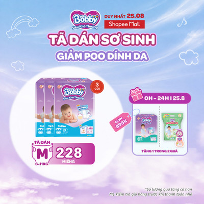 Combo 3 tã dán Bobby S80/M76/L68/XL62/XXL56 mới- Lõi nén cotton-soft 3mm