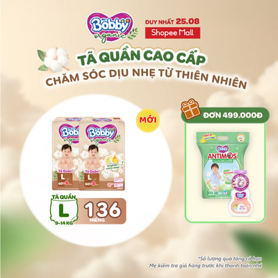 [TẶNG MIẾNG] Combo 2 gói tã quần cao cấp Bobby Organic chăm sóc dịu nhẹ từ thiên nhiên M72+8/L60+8/XL56+8/XXL54+6