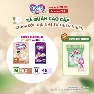 [Combo 2]Tã/Bỉm quần Bobby Organic Ngày&Đêm chăm sóc dịu nhẹ khô thoáng từ thiên nhiên sizeM/L/XL/XXL/XXXLcho bé 6-35kg