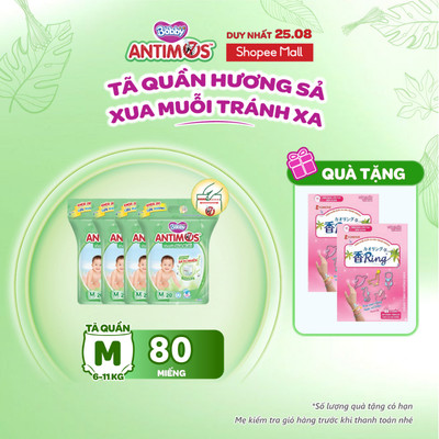 [MỚI] Combo 4 túi tã quần xua muỗi Bobby Antimos 20 miếng – Hàng rào Sả tự nhiên Bye Muỗi 8H - size M/L/XL/XXL