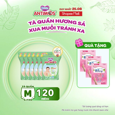 [MỚI] Combo 6 túi tã quần xua muỗi Bobby Antimos 20 miếng – Hàng rào Sả tự nhiên Bye Muỗi 8H - size M/L/XL/XXL