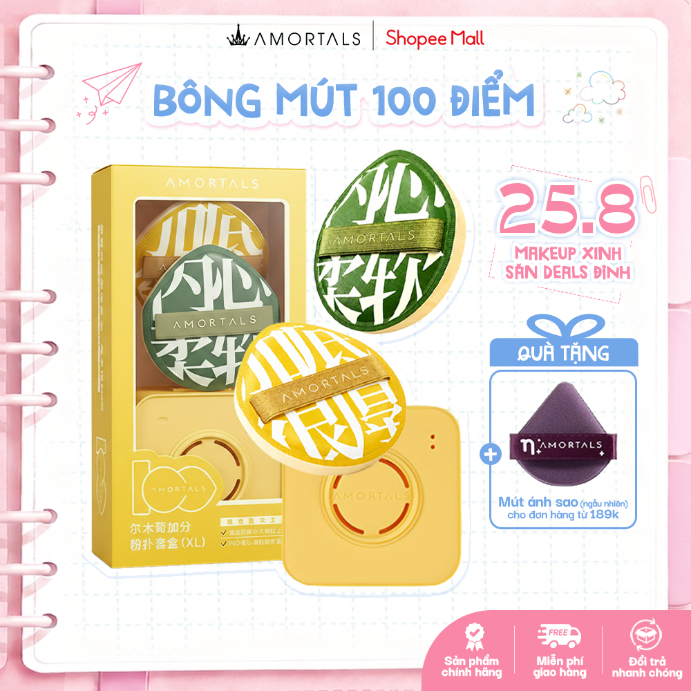 Mút Trang Điểm AMORTALS 100 Điểm Chính Hãng Giúp Đánh Nền, Kem Lót Và Cushion Chuyên Nghiệp Kèm Hộp