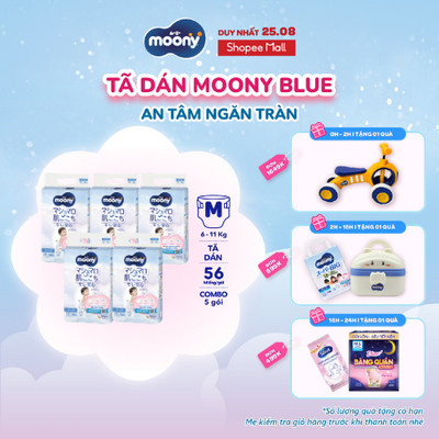 [V] Combo 5 tã dán cao cấp Moony NB90/S84/M56/L54 - Nhập khẩu từ Nhật Bản (tặng miếng ngẫu nhiên)