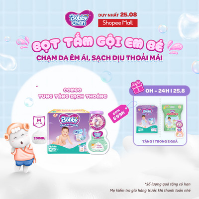 Combo sạch thoáng: Tã quần Bobby Mega Jumbo size M112+4/L96+4/XL84+4/XXL76+4 & Bọt tắm gội em bé Clean & Fresh 200ml