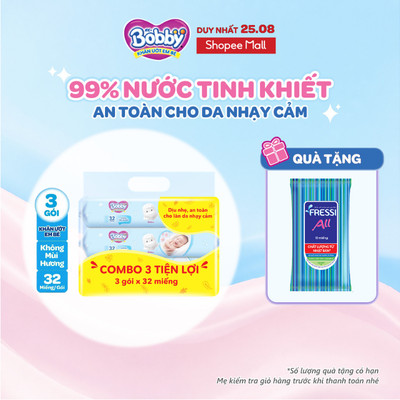 Combo tiện lợi 3 gói Khăn ướt Bobby không mùi 32 tờ/gói (Xanh)