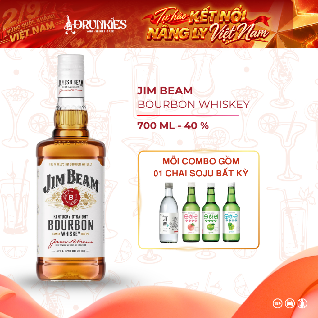 DRUNKIES - CHÍNH HÃNG - Rượu Whiskey Bourbon Jim Beam White - 700ML - 40%