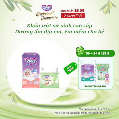 Combo sơ sinh êm ái: Miếng lót sơ sinh Bobby Newborn 1-108 miếng & 03 Gói Khăn ướt Bobby Newborn Premium 50 miếng/gói  