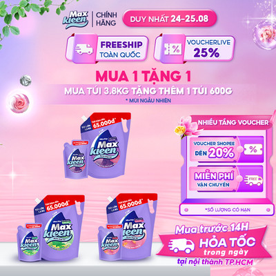 [MUA 1 TẶNG 1] Túi Nước Giặt Xả MaxKleen 3.8kg tặng 1 túi nước giặt 600gram Mùi ngẫu nhiên