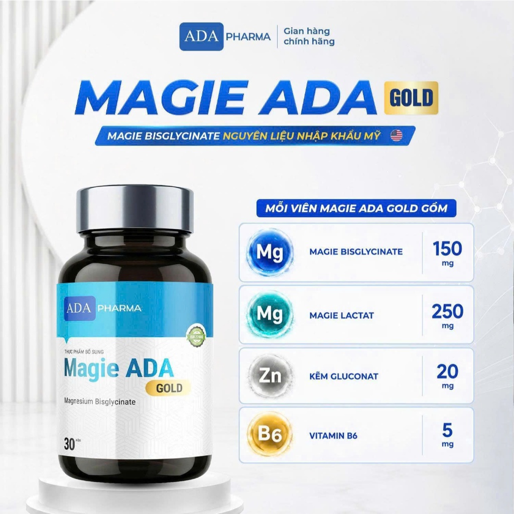 MAGIÊ ADA Thực phẩm bổ sung magie kết hợp 2N1- Magie Bisglycinate, Magie Lactat,Kẽm & Vitamin B6 . H