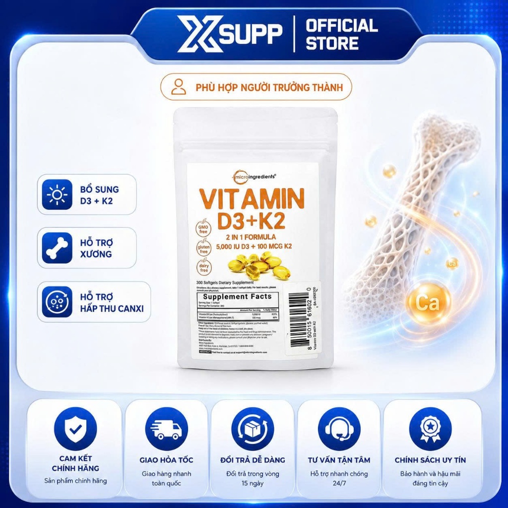 VIÊN UỐNG SỨC KHỎE MICRO INGREDIENTS D3 5000 K2 (300 VIÊN)