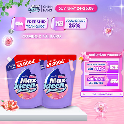 Combo 2 Túi Nước Giặt Xả Maxkleen Hương Hoa Nắng 3.8kg/Túi