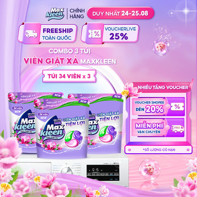 Combo 3 Túi Viên Giặt Xả MaxKleen Hương Nước Hoa Huyền Diệu (34 Viên/Túi)