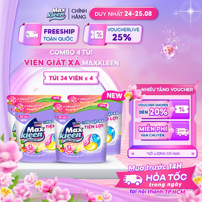 [Mới] Combo 4 Túi Viên Giặt Xả MaxKleen Hương Dấu Ấn Ngọt Ngào (34 viên/Túi)