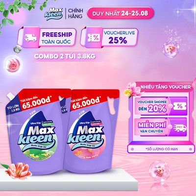 Combo 2 Túi nước giặt xả MaxKleen Vườn Sớm mai + Hoa nắng 3.8kg/túi