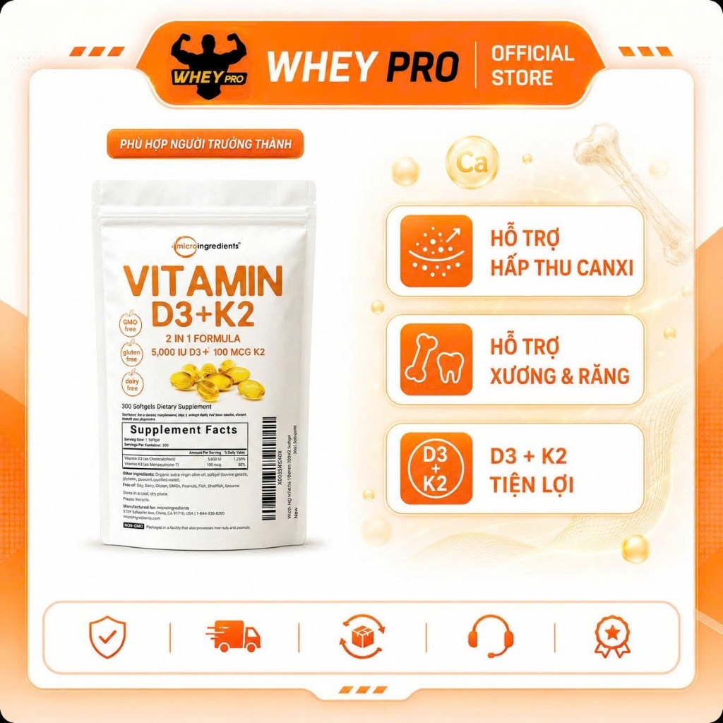 Micro Vitamin D3 5000+K2 (300 viên)