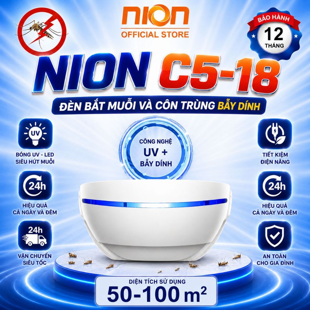 Đèn bắt muỗi Nion C5-18 - Bẫy dính UV 368nm, Kích thước 370x195x135mm, Nhựa ABS