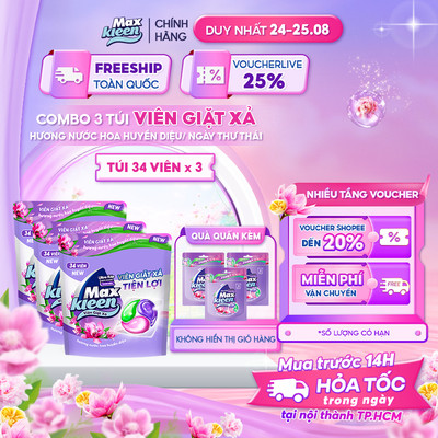 [TẶNG 12 VIÊN] Combo 3 Túi Viên Giặt Xả MaxKleen Hương Ngẫu Nhiên (Túi 34+4 Viên)