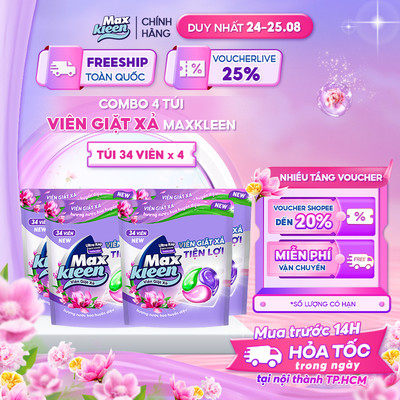 Combo 4 Túi Viên Giặt Xả MaxKleen Hương Nước Hoa Huyền Diệu (34 viên/túi)