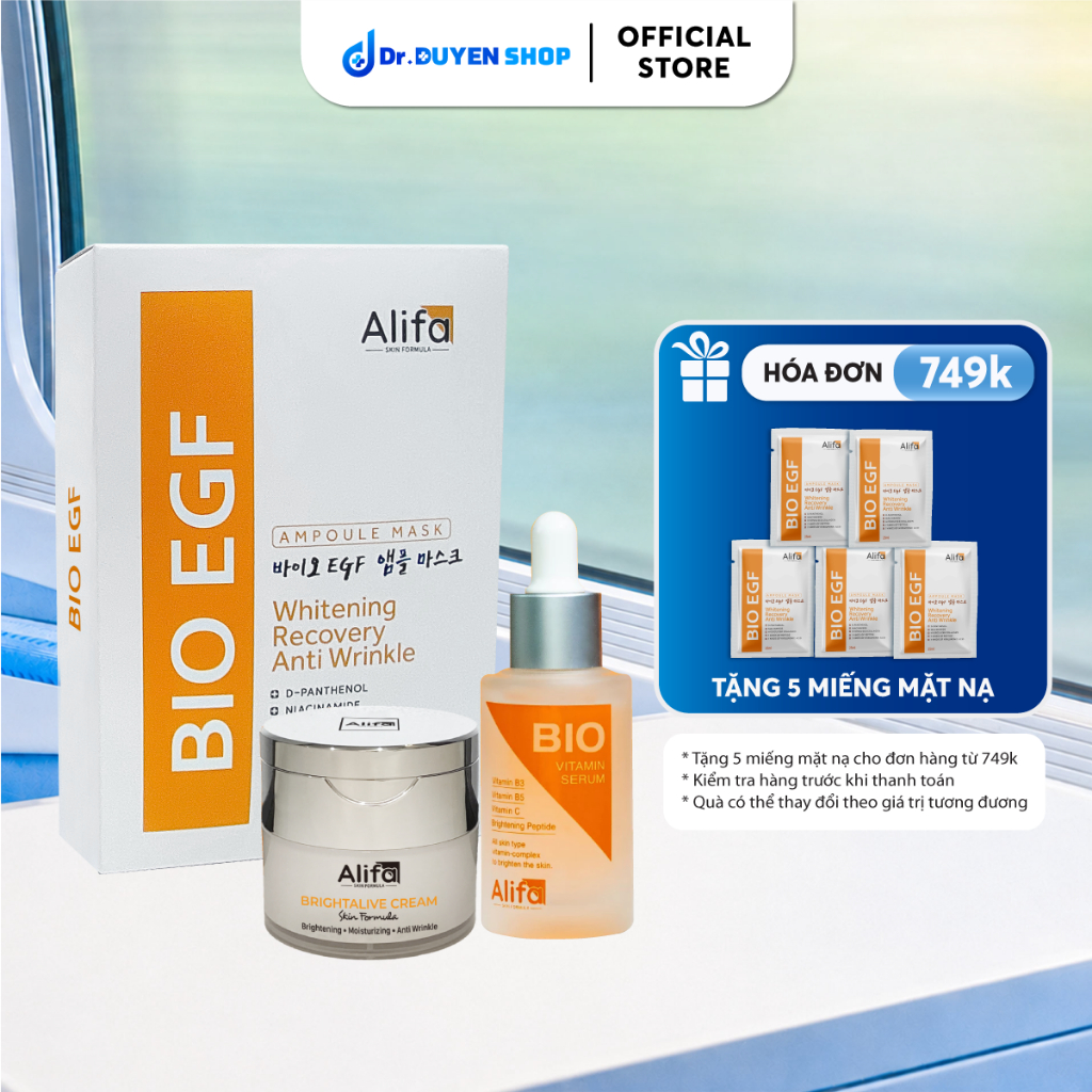 Combo 6: Kem dưỡng Brightalive Cream Alifa 50ml, Serum dưỡng da BIO Alifa Vitamin Serum 35ml, Hộp 10