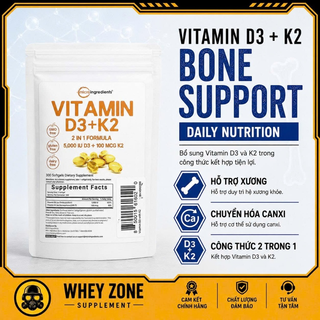 Micro Vitamin D3 5000+K2 (300 lần dùng)