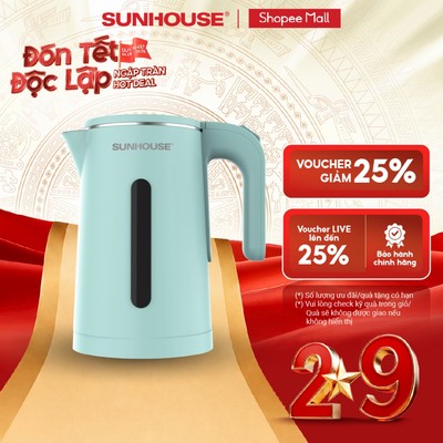 Ấm siêu tốc Inox 304 1.8L SUNHOUSE SHD1351/SHD1353 - Thân ấm 2 lớp - Vỏ nhựa PP chống bỏng - Tự động tắt khi nước sôi