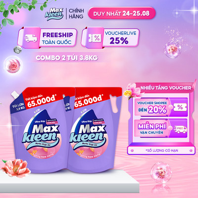 Combo 2 Túi Nước Giặt Xả Maxkleen Hương Hoa Nắng 3.8kg/Túi - Hàng Việt Tôi Yêu