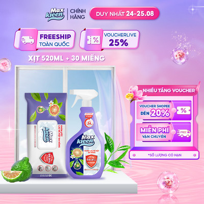 Combo MaxKleen: Nước Lau Bề Mặt Đa Năng 520ml + Khăn Ướt Lau Bề Mặt Đa Năng 30 miếng