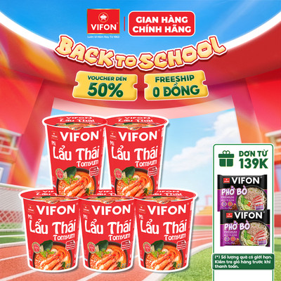 [VOUCHER HOT 10%] Set 5 Ly Mì Vị Lẩu Thái Tomyum/Lẩu Thái Tôm/Bò/Gà/Chay Sala/Lẩu Thái Chay VIFON 60g/Ly