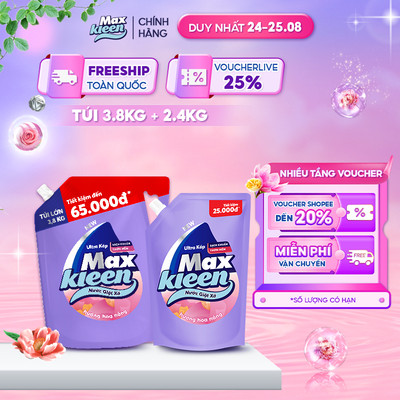 Combo 2 Túi Nước Giặt Xả MaxKleen Hương Hoa Nắng 3.8kg + 2.4kg