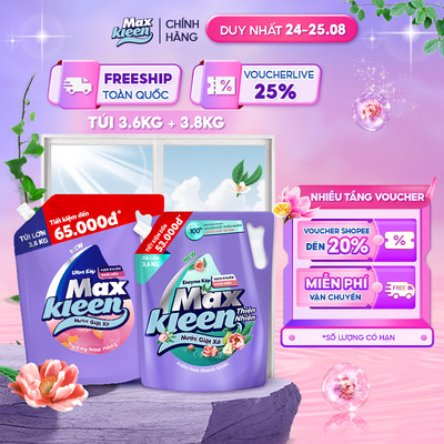 Combo 2 Túi nước giặt xả MaxKleen Thiên nhiên 3.6kg + Hoa nắng 3.8kg