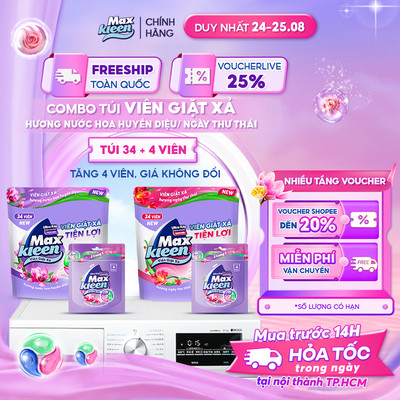 [TẶNG 4 VIÊN] Túi Viên Giặt Xả MaxKleen Hương Ngẫu Nhiên (Túi 34+4 Viên)