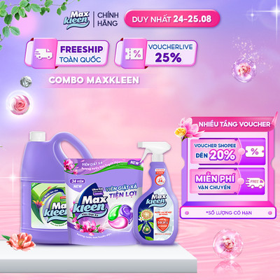 Combo MaxKleen: Chai Lau Sàn 3.6kg Ban Mai Thanh Mát + Túi Viên Giặt Xả + Nước Lau Bề Mặt Đa Năng