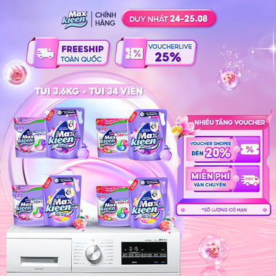 Combo Túi Nước Giặt Xả MaxKleen chuyên dụng Cửa trước 3.6kg + Túi Viên Giặt Xả (34 viên)
