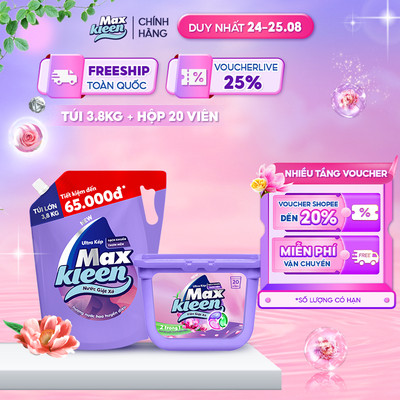 Combo Túi Nước Giặt Xả MaxKleen Huyền Diệu 3.8kg + Hộp Viên Giặt Xả Huyền Diệu (20 viên/hộp)