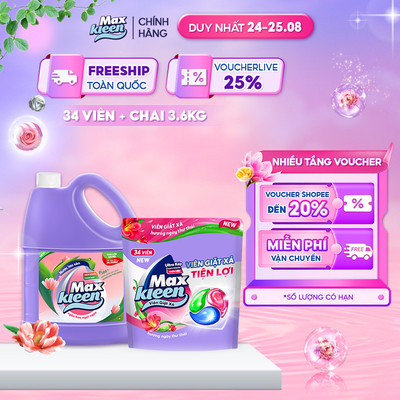 Combo Túi Viên Giặt Xả MaxKleen (34 viên/túi) + Chai Lau sàn MaxKleen Ngàn hoa ngọt ngào 3.6kg/chai