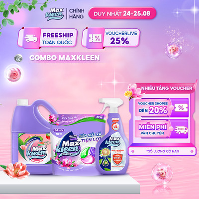 Combo MaxKleen: Chai Lau Sàn 3.6kg Ngàn Hoa Ngọt Ngào + Túi Viên Giặt Xả + Nước Lau Bề Mặt Đa Năng