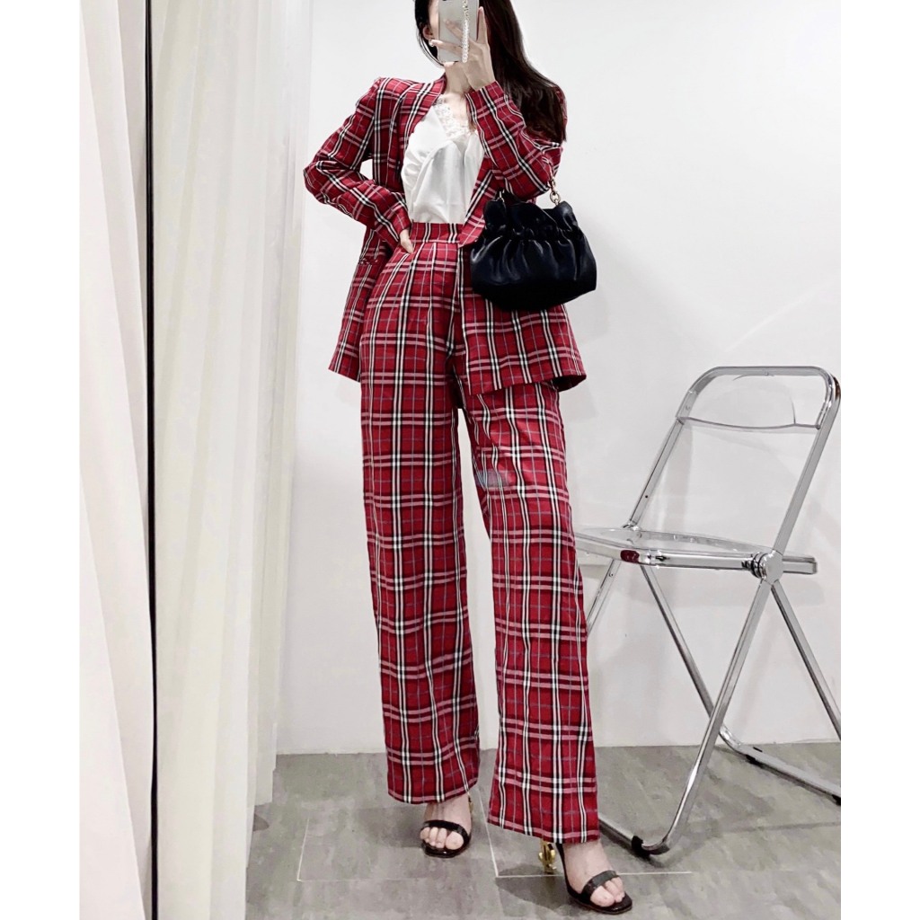 Bộ : Áo blazer + quần cullest 2 màu kẻ xanh - kẻ đỏ A2228