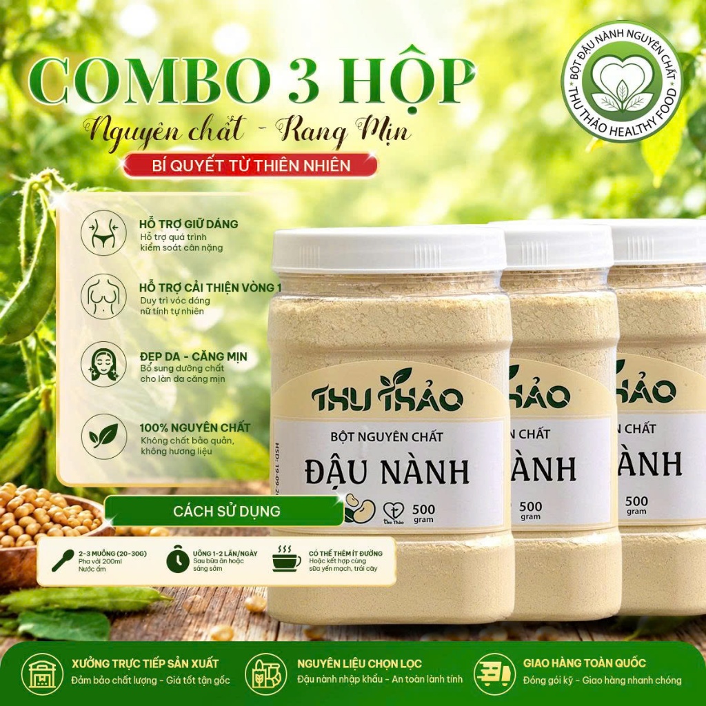 Combo 3 Hộp Bột Đậu Nành Thu Thảo 1.5KG Rang Xay Mịn Nguyên Chất | Thơm Bùi, Dễ Pha, Bổ Sung Dinh Dư