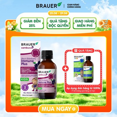 (TRẺ TỪ 2 TUỔI) Siro BRAUER BLACK ELDERBERRY IMMUNE PLUS-Tăng đề kháng, giảm cảm lạnh(100ml)
