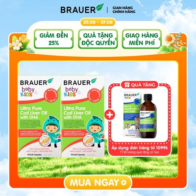 Combo 2 Vitamin BRAUER Baby & Kids Ultra Pure Cod Liver Oil with DHA - Bổ sung DHA cho trẻ từ 1 tuổi (90 viên)