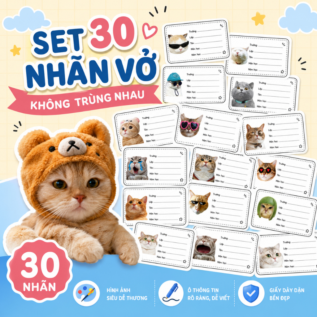 30 Nhãn vở Mèo meme Dễ Thương, Hài Hước - KHÔNG TRÙNG NHAU, Sticker meme mèo cute - Nhãn Vở Dán Tập 