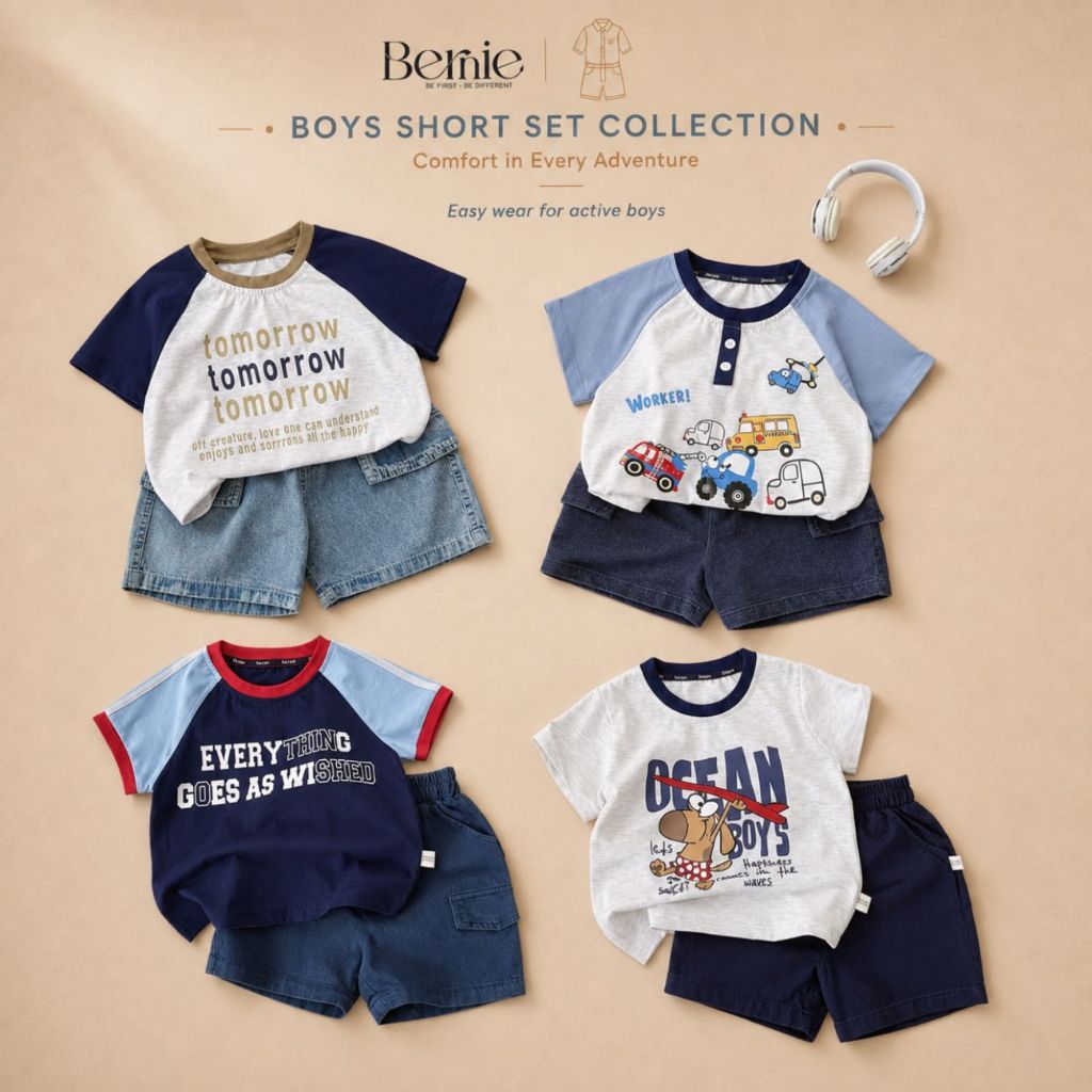 Set bộ tay ngắn raplang tổng áo kẻ Original kèm quần short da cá bé trai từ 1 đến 7T BERNIE H1125B27