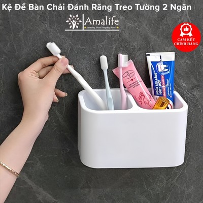 Giá Để Bàn Chải Đánh Răng, Kem Đánh Răng Kệ 2 Ngăn Kèm Miếng Dán Keo Không Cần Khoan Tường Tiện Lợi Chính Hãng Amalife