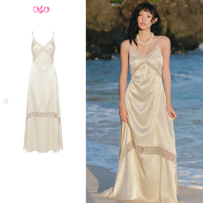 Đầm lụa OLV Cream Satin Lace Cami Maxi Dress phù hợp mùa hè đi chơi đi biển