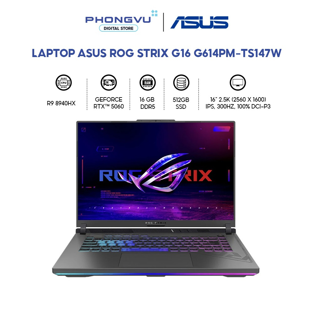 Laptop Gaming Asus ROG Strix G16 G614PM-TS147W Ryzen 9 8940HX - RTX 5060 - 16GB - 512GB SSD - BH 24 