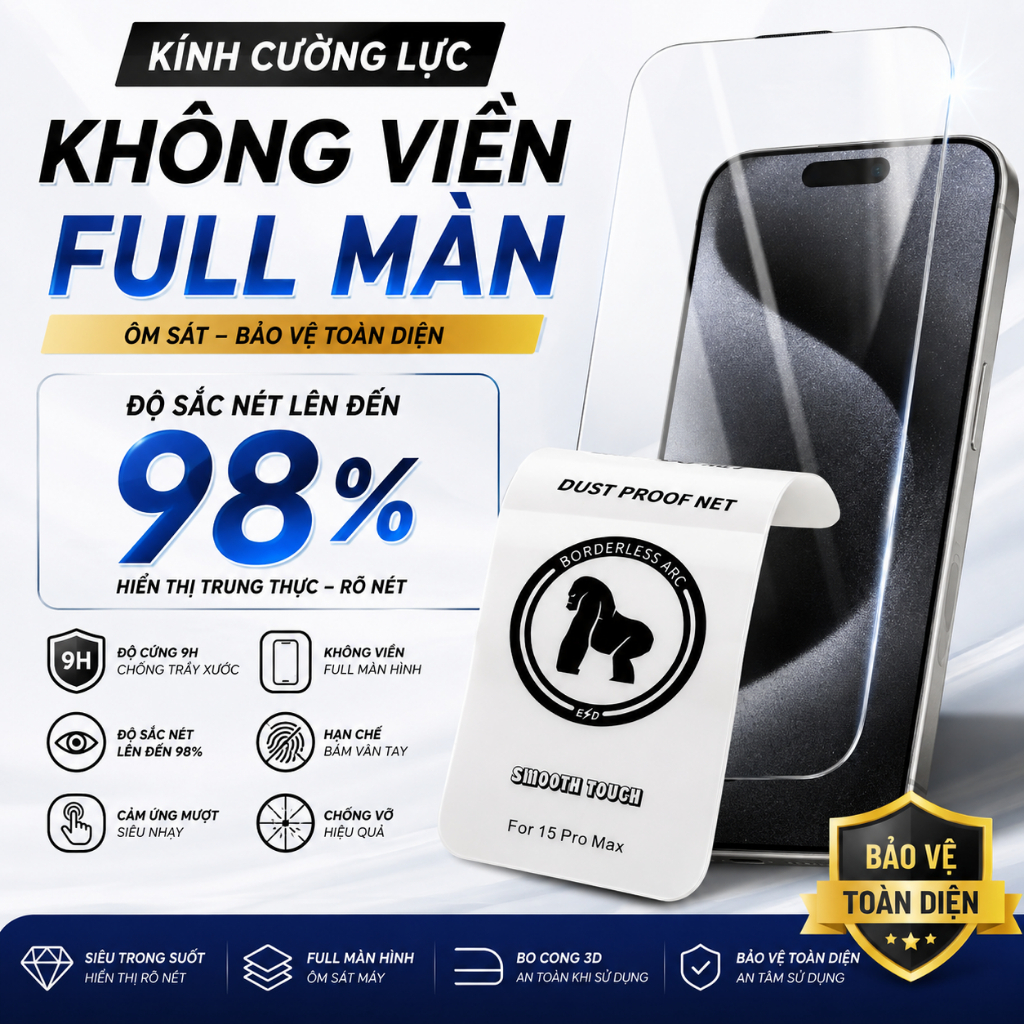 BAIKO Kính Cường Lực iPhone Không Viền Full Màn – Trong Suốt 98% – Cao Cấp Chống Vỡ
