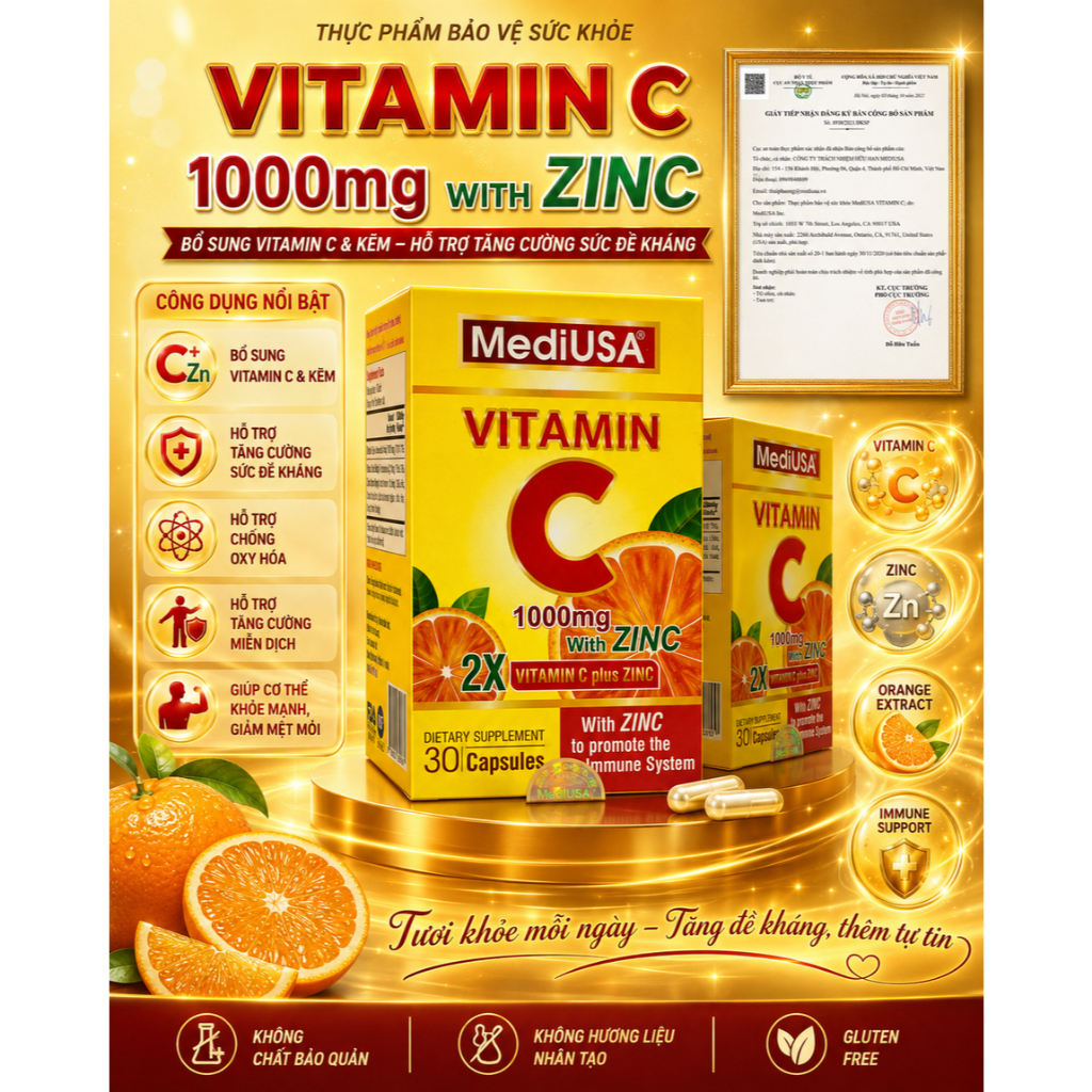 Thực Phẩm Bảo Vệ Sức Khỏe MediUSA Vitamin C 1000mg With Zinc – Hộp 30 Viên, Bổ Sung Vitamin C Và Kẽm