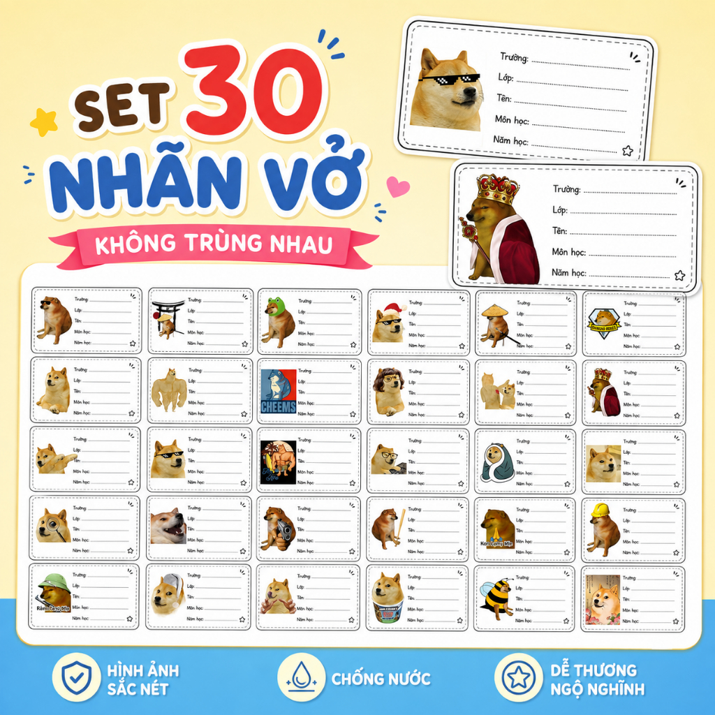 30 Nhãn vở Meme Chó Cheems Hài Hước - KHÔNG TRÙNG NHAU, Sticker Chó meme - Nhãn Vở Dán Tập Vở