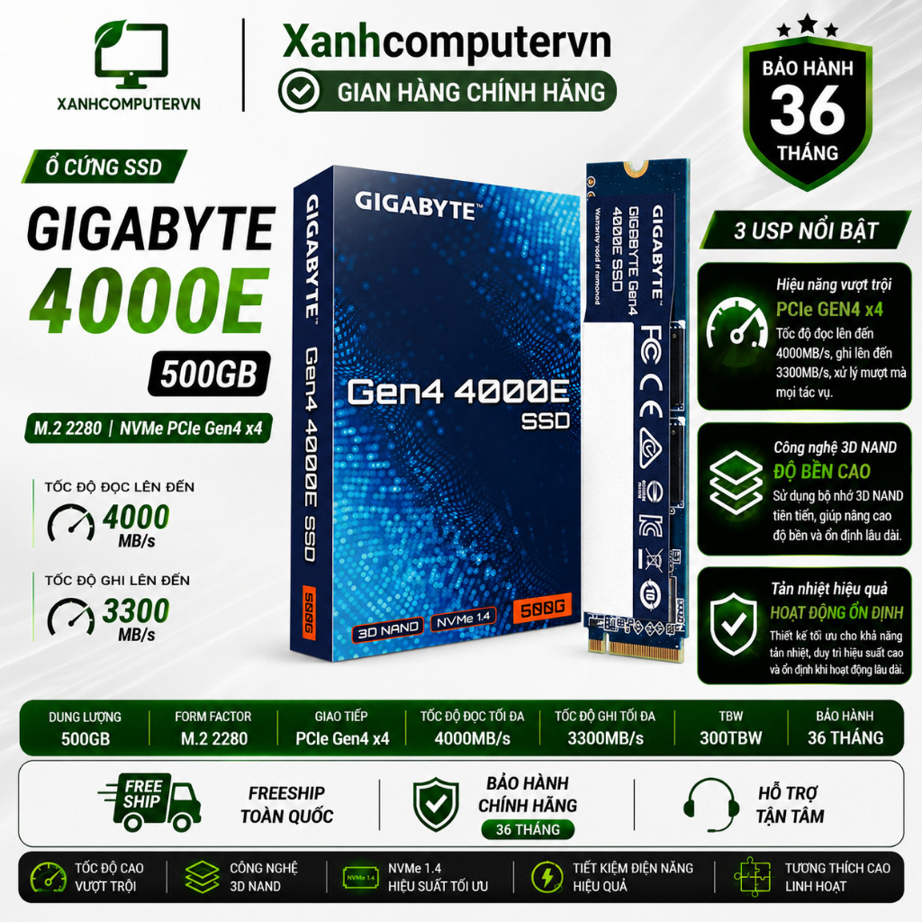 Ổ Cứng SSD GIGABYTE 4000E 500GB M2 2280 NVMe Gen4x4 | Chính Hãng | Bảo Hành 36 Tháng